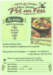 Soirée « Pot au Feu » du 7 novembre 2026                         Organisée par « l&rsquo;ACCA de Thézac »